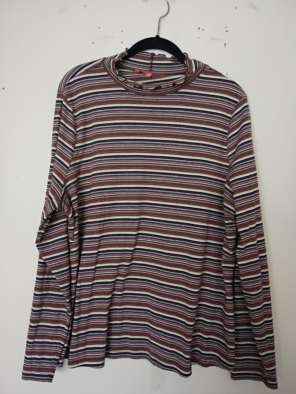 Modcloth Brown Stripe Ruffle Mock Neck Long Sleeve Top Size 2X
